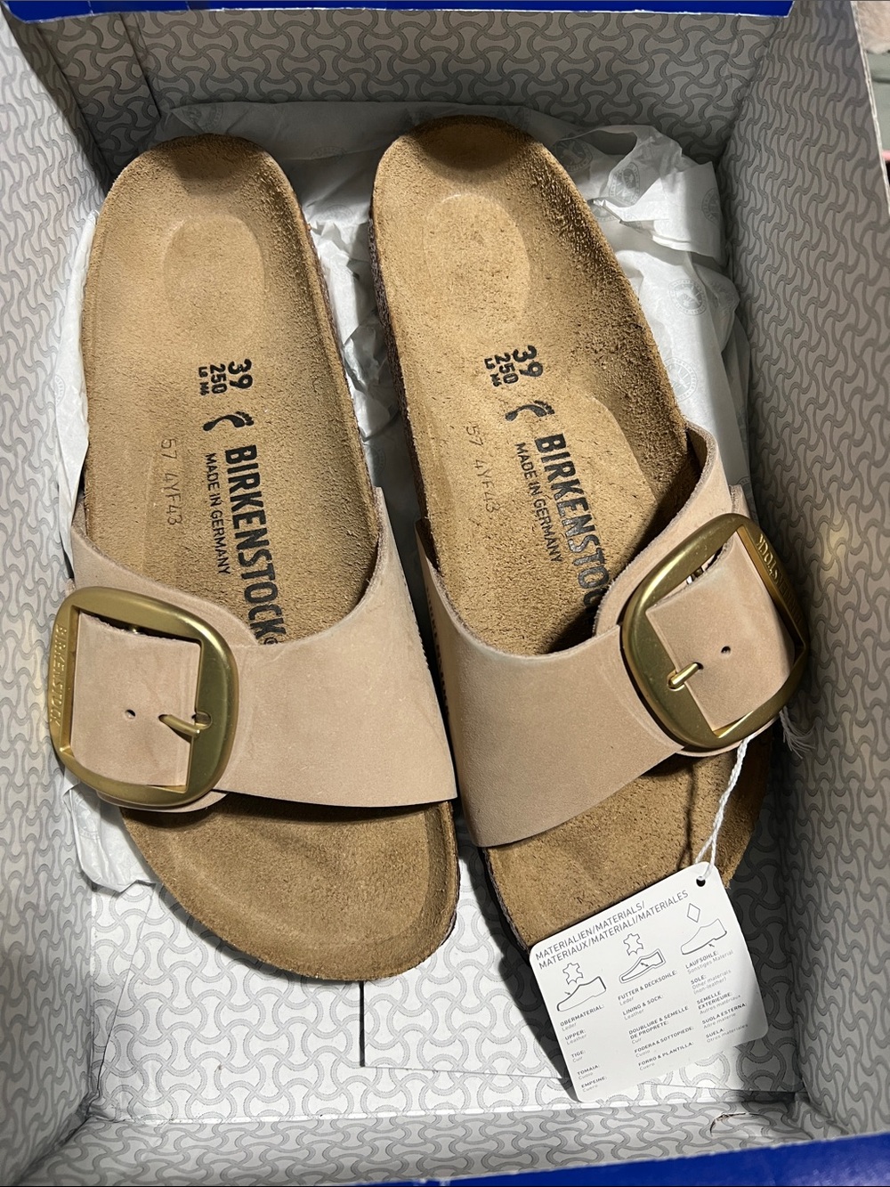Birkenstock Women’s Madrid Big Buckle Sandal — Beige with Gold Buckle